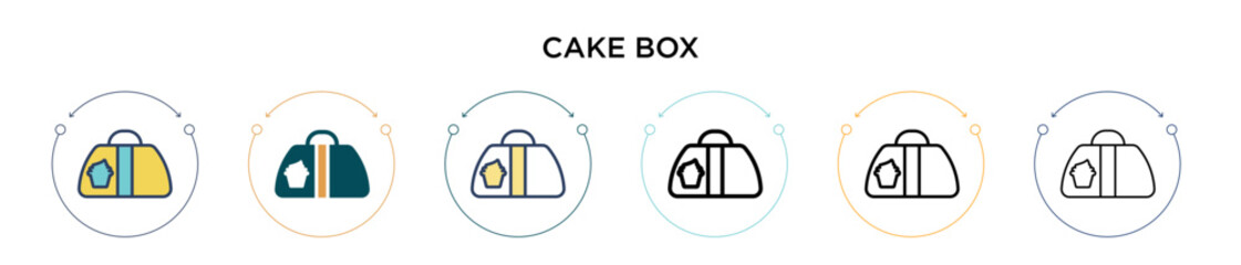 Cake box icon in filled, thin line, outline and stroke style. Vector illustration of two colored and black cake box vector icons designs can be used for mobile, ui, web