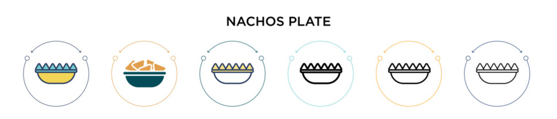 Nachos plate icon in filled, thin line, outline and stroke style. Vector illustration of two colored and black nachos plate vector icons designs can be used for mobile, ui, web