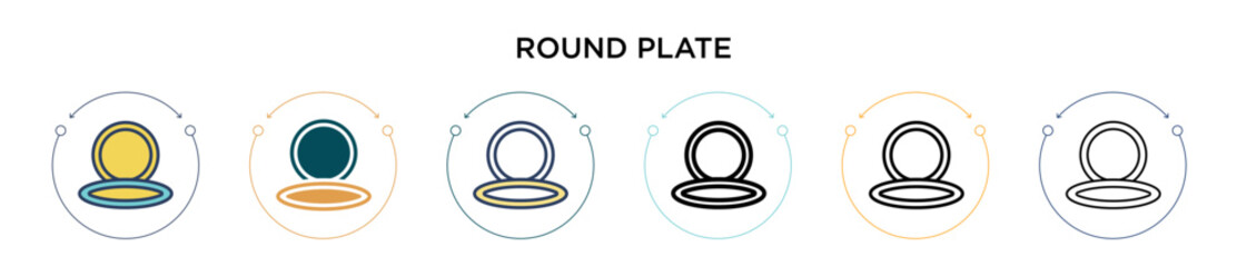 Round plate icon in filled, thin line, outline and stroke style. Vector illustration of two colored and black round plate vector icons designs can be used for mobile, ui, web