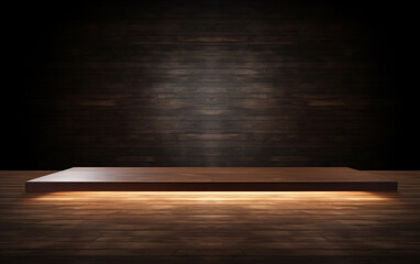 An empty wooden table for presentation with a dark background and isolated recessed lighting