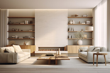 modern minimalist interior design, living room view, sofa, two armchairs, coffee table, shelving with books and clay sculptures