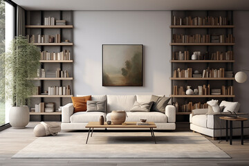modern minimalist interior design, living room view, sofa, two armchairs, coffee table, shelving with books and clay sculptures
