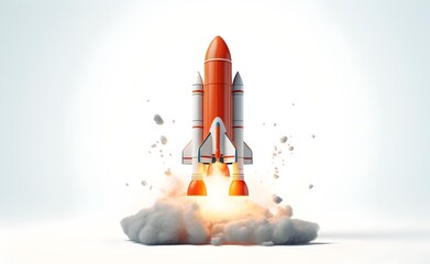 Fototapeta premium 3D Rocket Launch on pastel bright White Background.