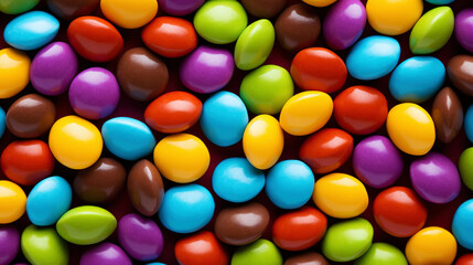 Close up of a pile of colorful chocolate coated candies. Candy background. Generative AI - Powered by Adobe