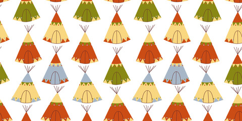 Seamless pattern with hand drawn colorful wigwams on white background in flat cartoon style. Wild west concept. For background, packaging, textile © Katrinka8888