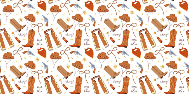 Seamless pattern with hand drawn colorful cowboy clothes on white background in flat cartoon style. Boots, bandana, hat, lasso, gun, chaps. Wild west concept. For background, packaging, textile