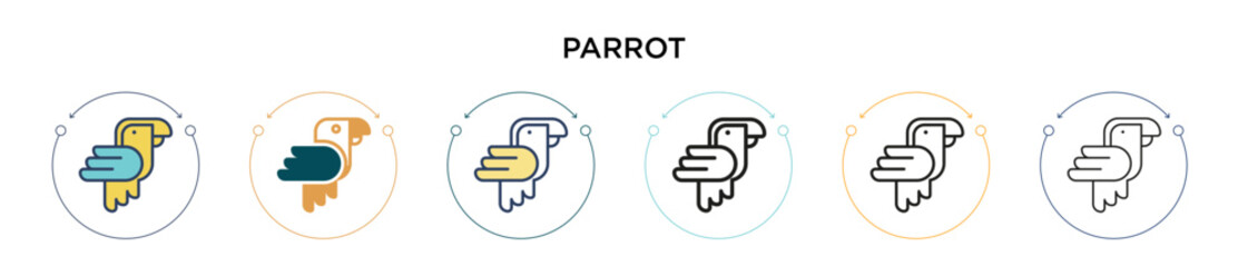 Parrot icon in filled, thin line, outline and stroke style. Vector illustration of two colored and black parrot vector icons designs can be used for mobile, ui, web