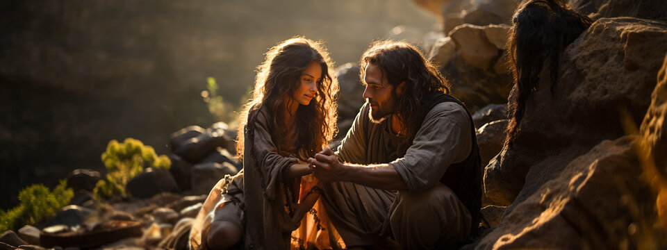 Jesus Christ heals the paralytic.  Biblical Christian illustration for Church publications
