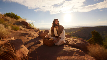 Jesus Christ with a basket of bread. Christian religious photo for publications, magazines and newspapers