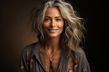 Fototapeta premium portrait of a beautiful woman 50 years old, with gray hair, a wide smile, in yoga clothes