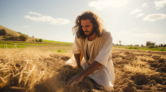 Harvest time. The parable of the good sower and the tares .  Christian religious photo for publications