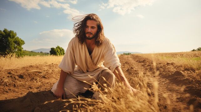 Harvest time. The parable of the good sower and the tares .  Christian religious photo for publications