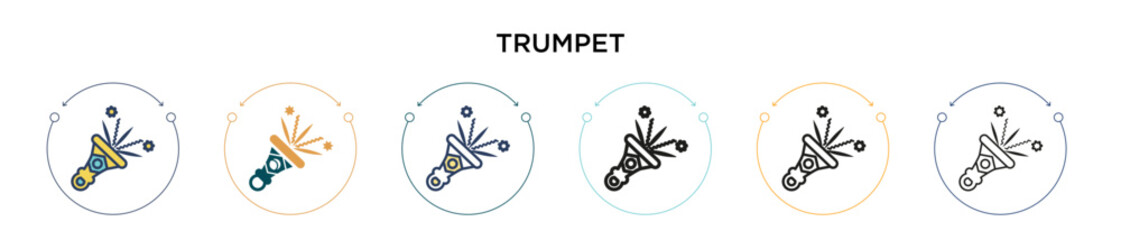 Trumpet icon in filled, thin line, outline and stroke style. Vector illustration of two colored and black trumpet vector icons designs can be used for mobile, ui, web