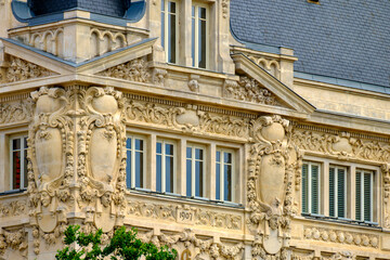 detail of the facade of the Galeries de Jaude, an old department store located on the Place de Jaude in Clermont-Ferrand in France.