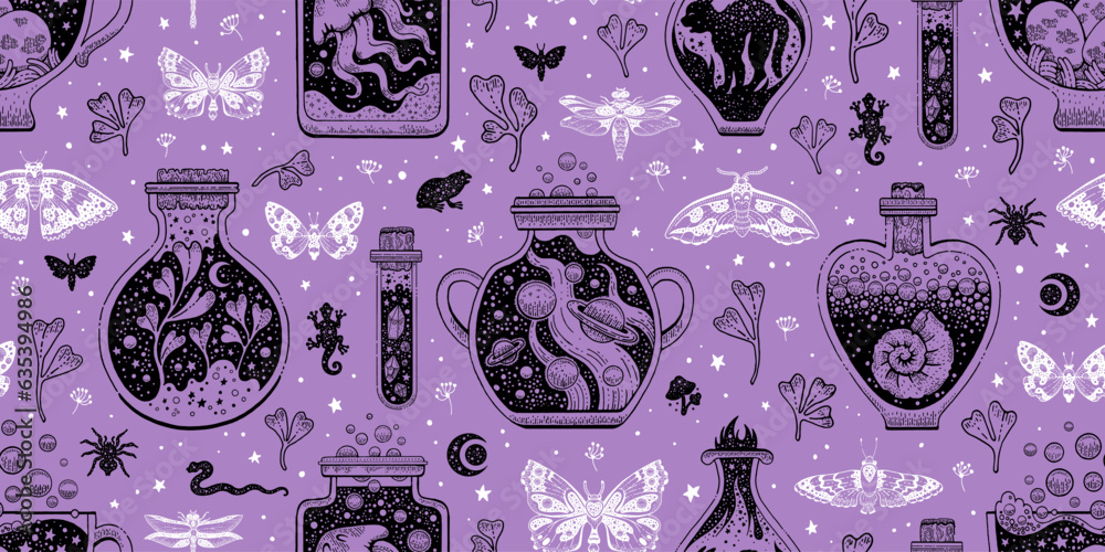 Wall mural Potion alchemy seamless pattern. Halloween symbols. Magic elixir bottle and flask with cat, butterfly, moth, shell. Occult witchcraft mystic background. Celestial esoteric black purple witch pattern