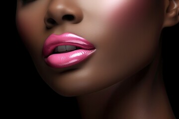 Beautiful black woman with pink lips, close-up, black skin, on pink background