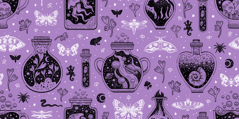 Potion alchemy seamless pattern. Halloween symbols. Magic elixir bottle and flask with cat, butterfly, moth, shell. Occult witchcraft mystic background. Celestial esoteric black purple witch pattern