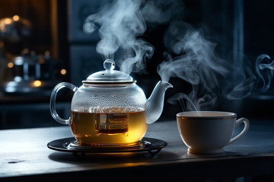 Bright steaming tea kettle stands on a kitchen countertop, ready to brew a  fresh cup of hot tea. Stock Illustration