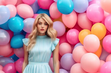 Fototapeta na wymiar Portrait of a beautiful young blonde girl with colorful balloons in the background.