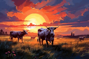 Cows grazing at sunset, Generative Ai