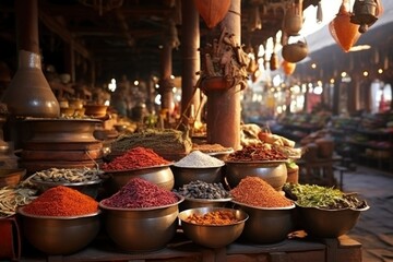 Traditional street stalls at the bazaar. East style. Vegetables, fruits, spices. - obrazy, fototapety, plakaty