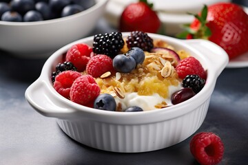 Fit and healthy baked oats with nuts and fruits. Generative AI