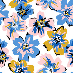 Seamless hand drawn floral pattern. Creative expressive summer botanical texture. Perfect for fabric, textile. Vector blue background - 635395396