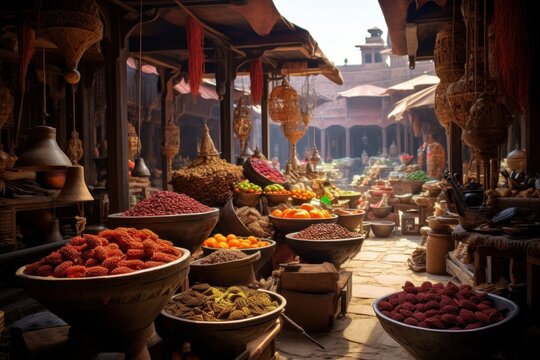 Traditional street stalls at the bazaar. East style. Vegetables, fruits, spices.
