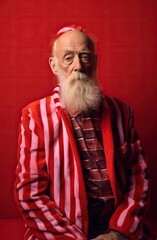 Portrait of santa claus standing on a red curtain background