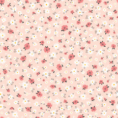 Floral seampless vector pattern. Pretty flowers on pink background. Printing with small colorful flowers. Meadow simple floral texture. Ditsy cartoon print.