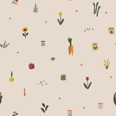 Natural seamless vector pattern with farm vegetables, flowers and seeds. Simple cartoon doodle hand-drawn scandinavian style. Earthy organic palette on a craft background. Trendy illustration. © Svitlana Kharchuk
