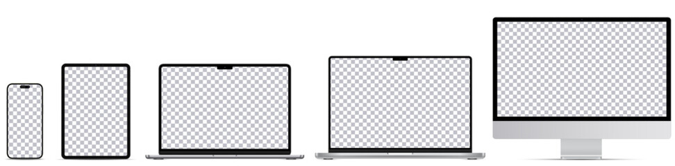 Mock-up screen 2023-2024 yers. Set devices silver colors. Laptop pro and air, Computer monitor, Tablet and Smartphone with blank screens for you design. Vector illustration