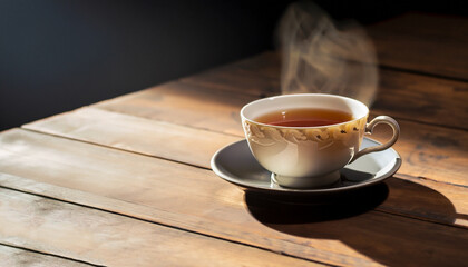Hot teacup Placed on an old wooden table on a black background, the soft sunlight shone into a warm atmosphere. - obrazy, fototapety, plakaty