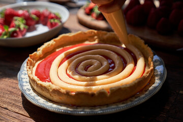 Crop person preparing delicious cake with strawberry at table