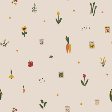 Natural seamless vector pattern with farm vegetables, flowers and seeds. Simple cartoon doodle hand-drawn scandinavian style. Earthy organic palette on a craft background. Trendy illustration.
