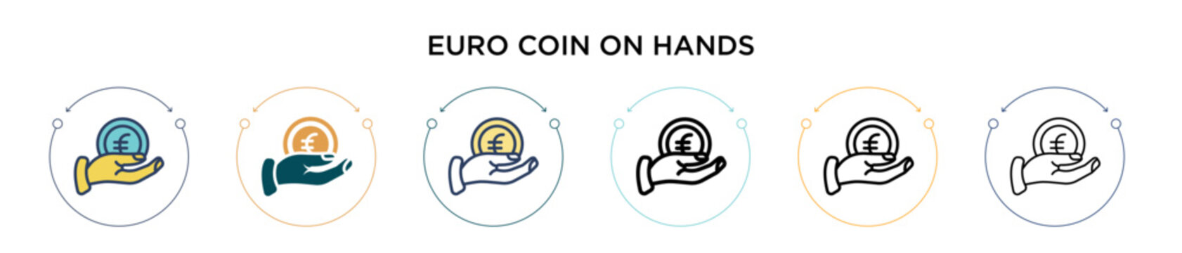 Euro coin on hands icon in filled, thin line, outline and stroke style. Vector illustration of two colored and black euro coin on hands vector icons designs can be used for mobile, ui, web