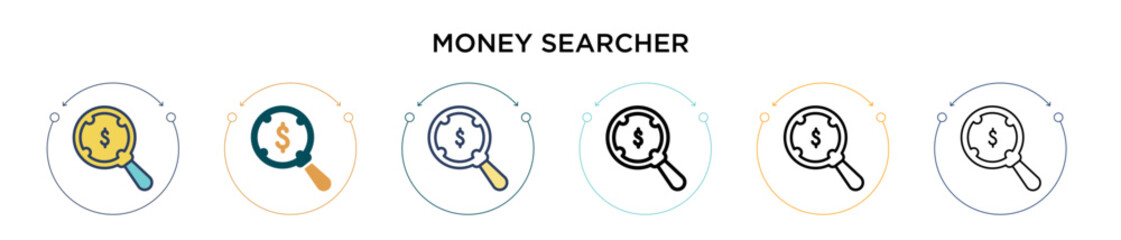 Money searcher icon in filled, thin line, outline and stroke style. Vector illustration of two colored and black money searcher vector icons designs can be used for mobile, ui, web