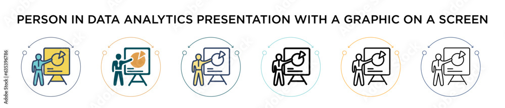 Poster person in data analytics presentation with a graphic on a screen icon in filled, thin line, outline 