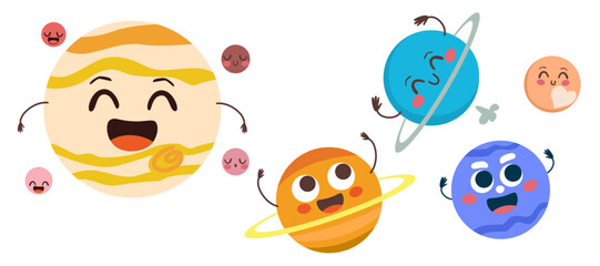 Vector illustration of solar system mascot educational knowledge character icons. Jupiter and moon, Saturn, Uranus, Neptune and Pluto planets © Kakigori Studio