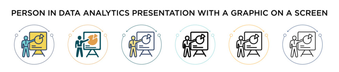 Person in data analytics presentation with a graphic on a screen icon in filled, thin line, outline and stroke style. Vector illustration of two colored and black person in data analytics presentation