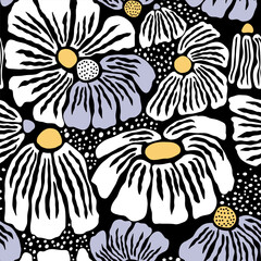 Abstract monochrome style floral seamless pattern. Hand drawn big flowers texture. Great for fabric, textile, wallpaper. Vector illustration