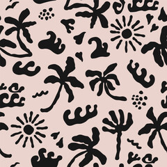 Seamless summer background with hand drawn palms, waves, sun and tropical abstract shapes. Holiday monochrome pattern. Vector illustration