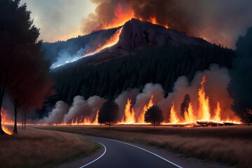 A large forest fire in a mountainous area. An asphalt road runs next to the fire