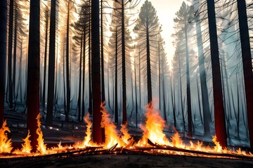 Obraz premium Fallen trees burning as a result of a forest fire