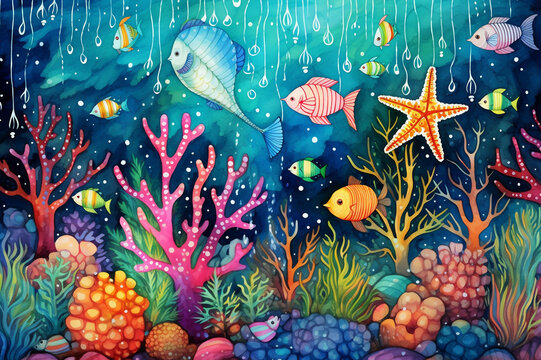 Kids illustration of tropical underwater landscape with colorful fishes and coral reef in the ocean. Digital nursery art, beautiful artistic image for poster, art print, greeting card.