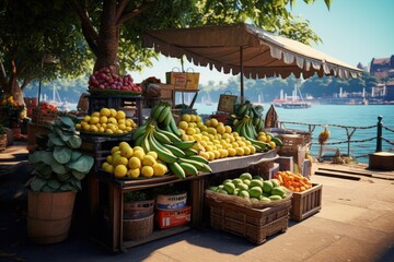 Fototapeta na wymiar Sale of vegetables and fruits in the store. Showcase on the promenade near the sea