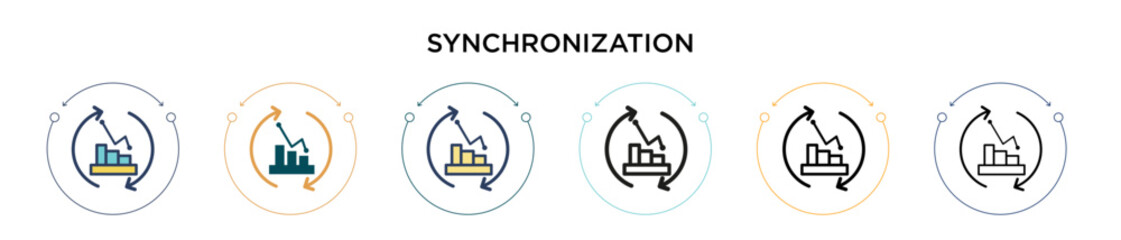Naklejka premium Synchronization icon in filled, thin line, outline and stroke style. Vector illustration of two colored and black synchronization vector icons designs can be used for mobile, ui, web