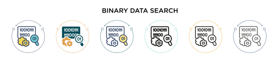 Binary data search icon in filled, thin line, outline and stroke style. Vector illustration of two colored and black binary data search vector icons designs can be used for mobile, ui, web - obrazy, fototapety, plakaty
