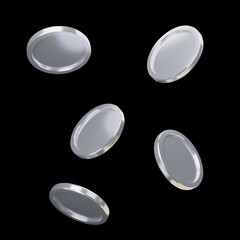 3d rendering floating silver coins isolated on black background. Floating coins, Floating money, Floating silver coins.