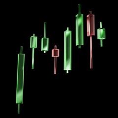 3d rendering glassy Green and Red Candlesticks isolated on black background. Stock Market Investing Graph. Glassmorphism Candlesticks. 3D illustration.